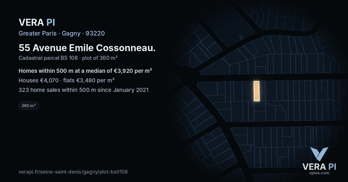 55 Avenue Emile Cossonneau, Gagny at night – the plot lit, the parcels around coloured by the prices near them