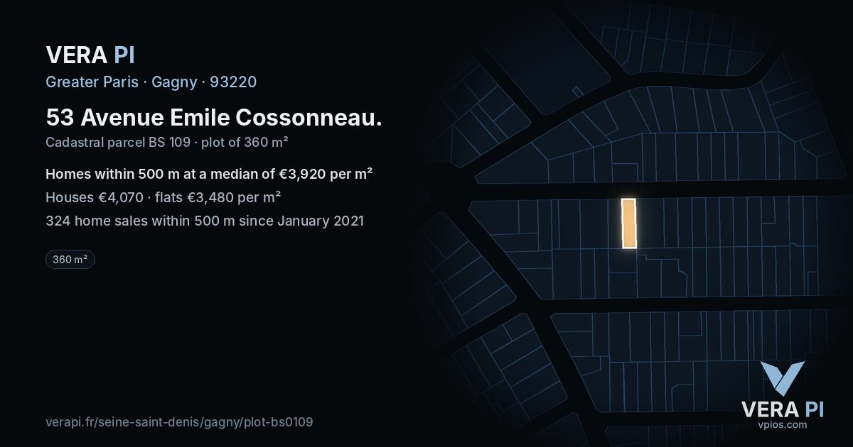 53 Avenue Emile Cossonneau, Gagny at night – the plot lit, the parcels around coloured by the prices near them