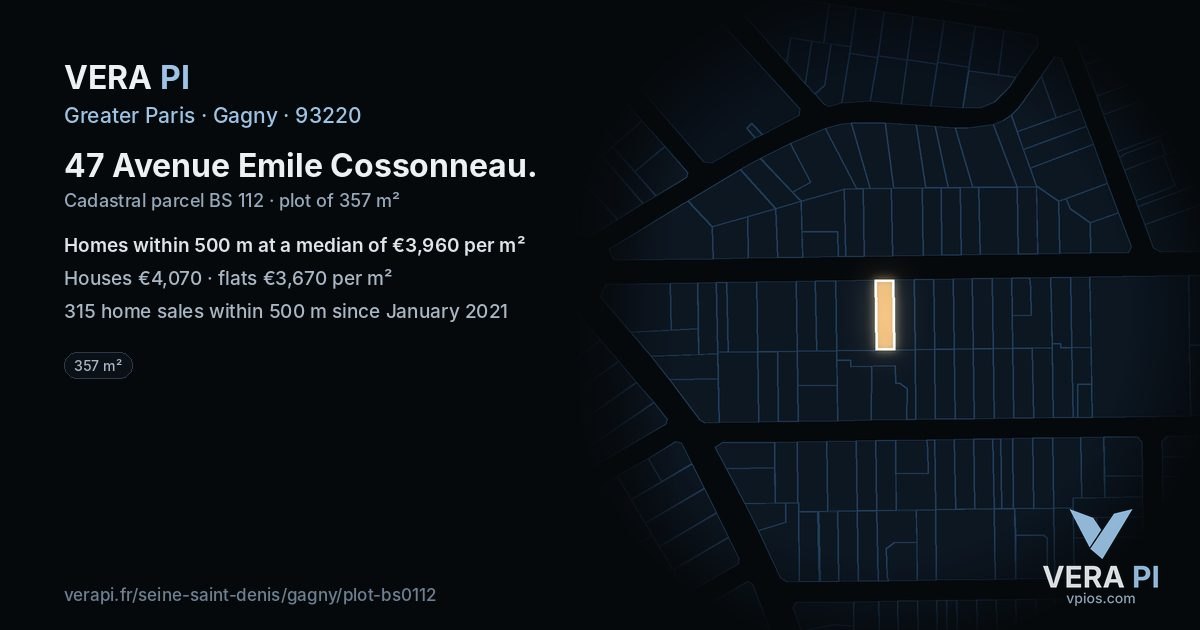 47 Avenue Emile Cossonneau, Gagny at night – the plot lit, the parcels around coloured by the prices near them