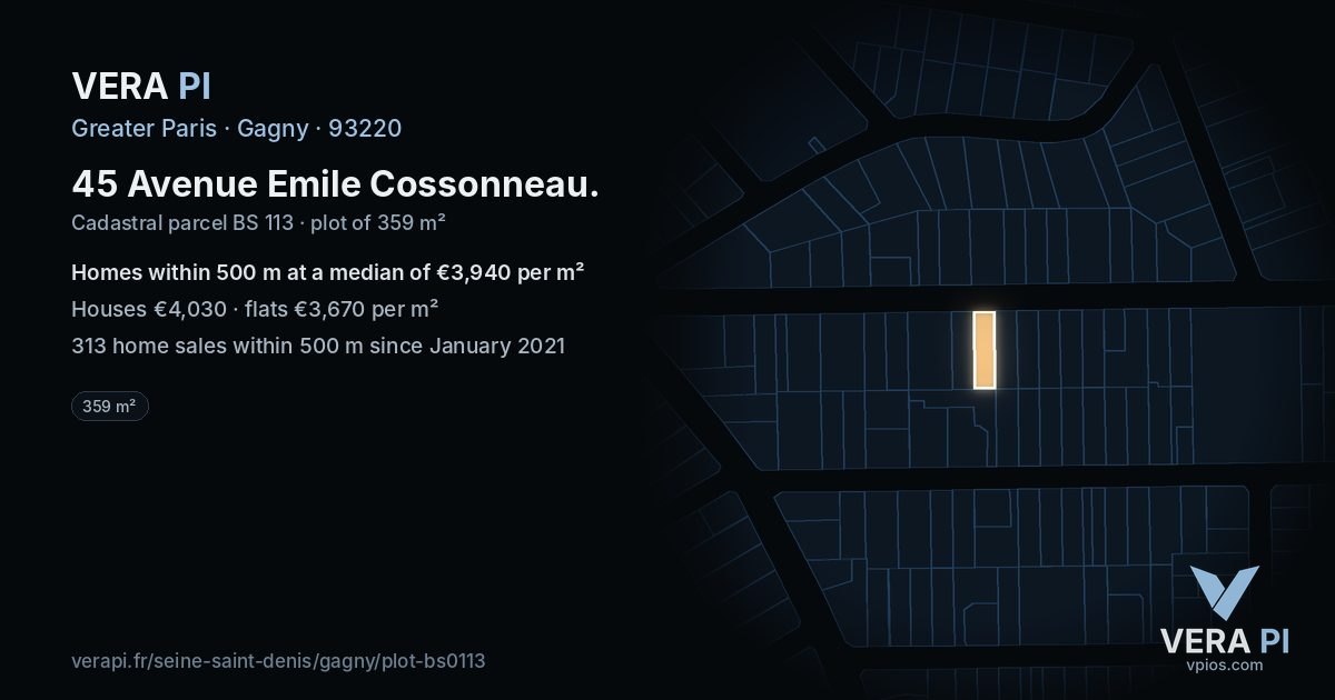45 Avenue Emile Cossonneau, Gagny at night – the plot lit, the parcels around coloured by the prices near them