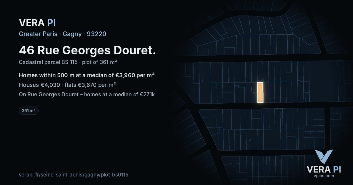46 Rue Georges Douret, Gagny at night – the plot lit, the parcels around coloured by the prices near them