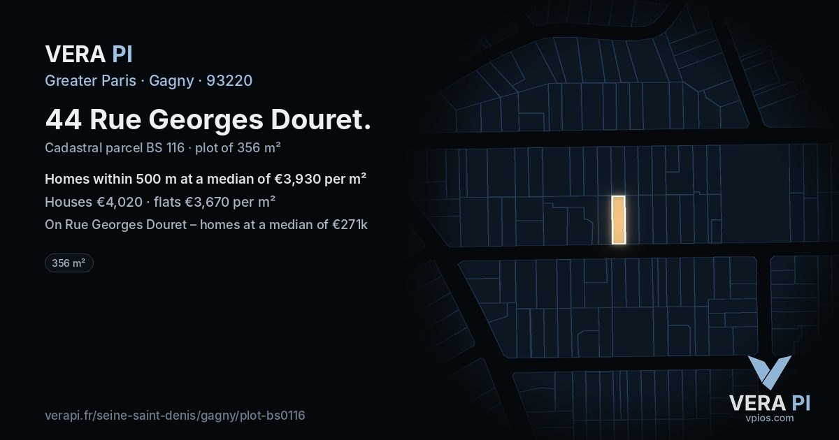 44 Rue Georges Douret, Gagny at night – the plot lit, the parcels around coloured by the prices near them