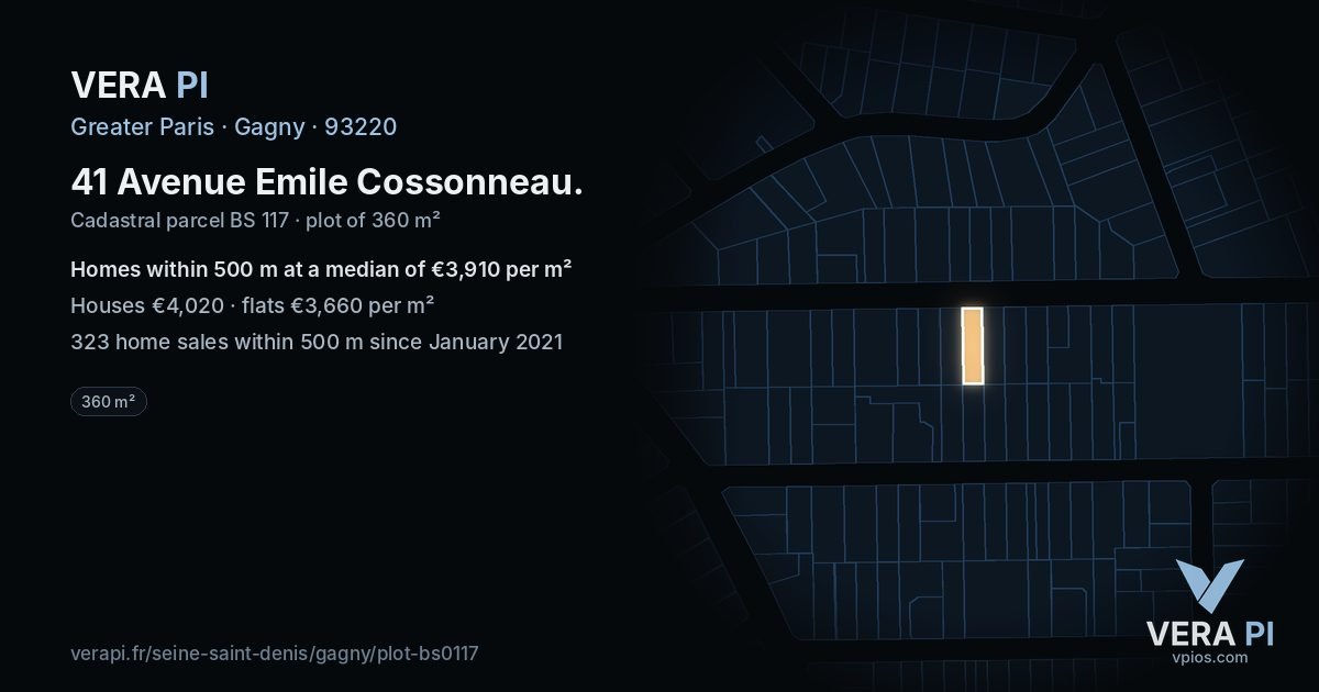 41 Avenue Emile Cossonneau, Gagny at night – the plot lit, the parcels around coloured by the prices near them