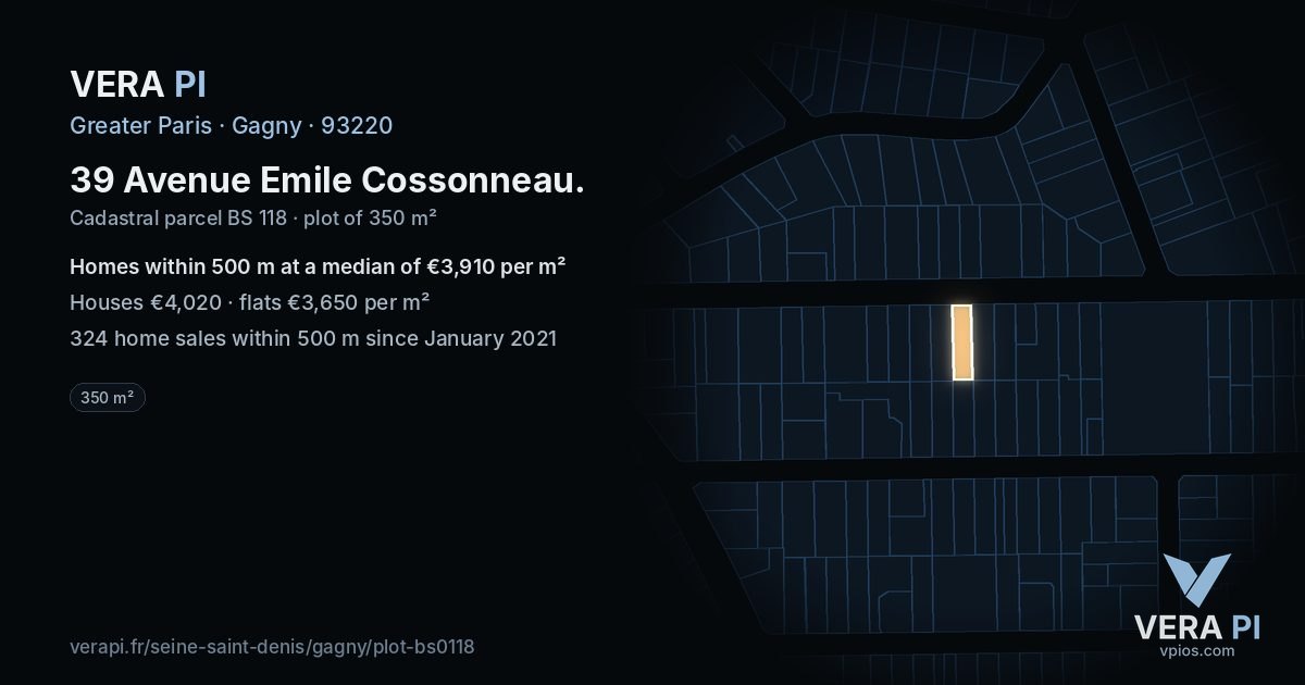 39 Avenue Emile Cossonneau, Gagny at night – the plot lit, the parcels around coloured by the prices near them
