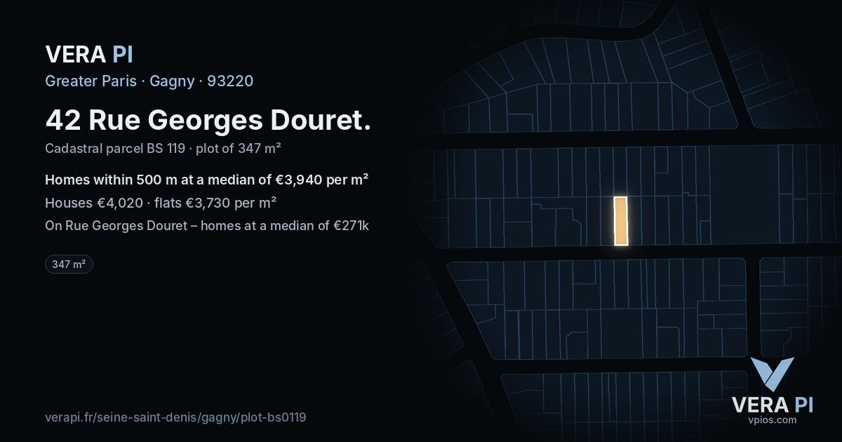 42 Rue Georges Douret, Gagny at night – the plot lit, the parcels around coloured by the prices near them
