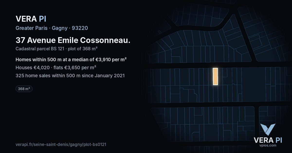 37 Avenue Emile Cossonneau, Gagny at night – the plot lit, the parcels around coloured by the prices near them