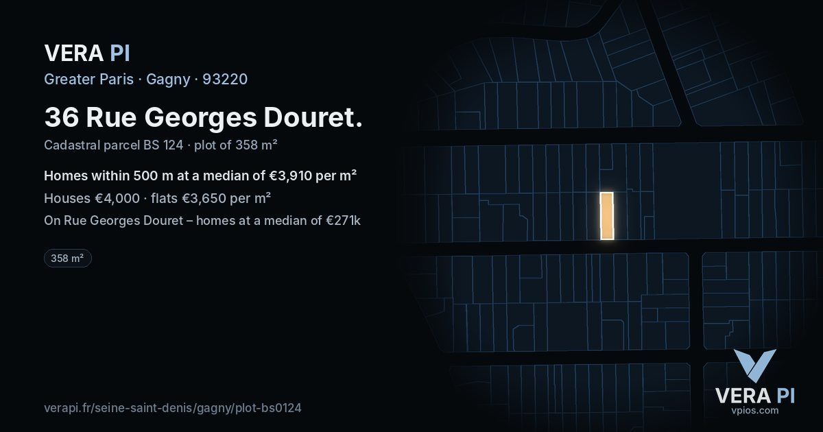 36 Rue Georges Douret, Gagny at night – the plot lit, the parcels around coloured by the prices near them