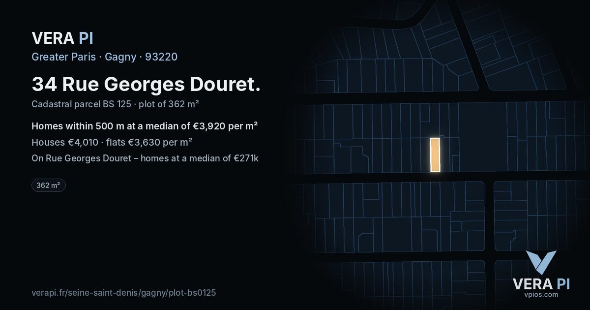 34 Rue Georges Douret, Gagny at night – the plot lit, the parcels around coloured by the prices near them