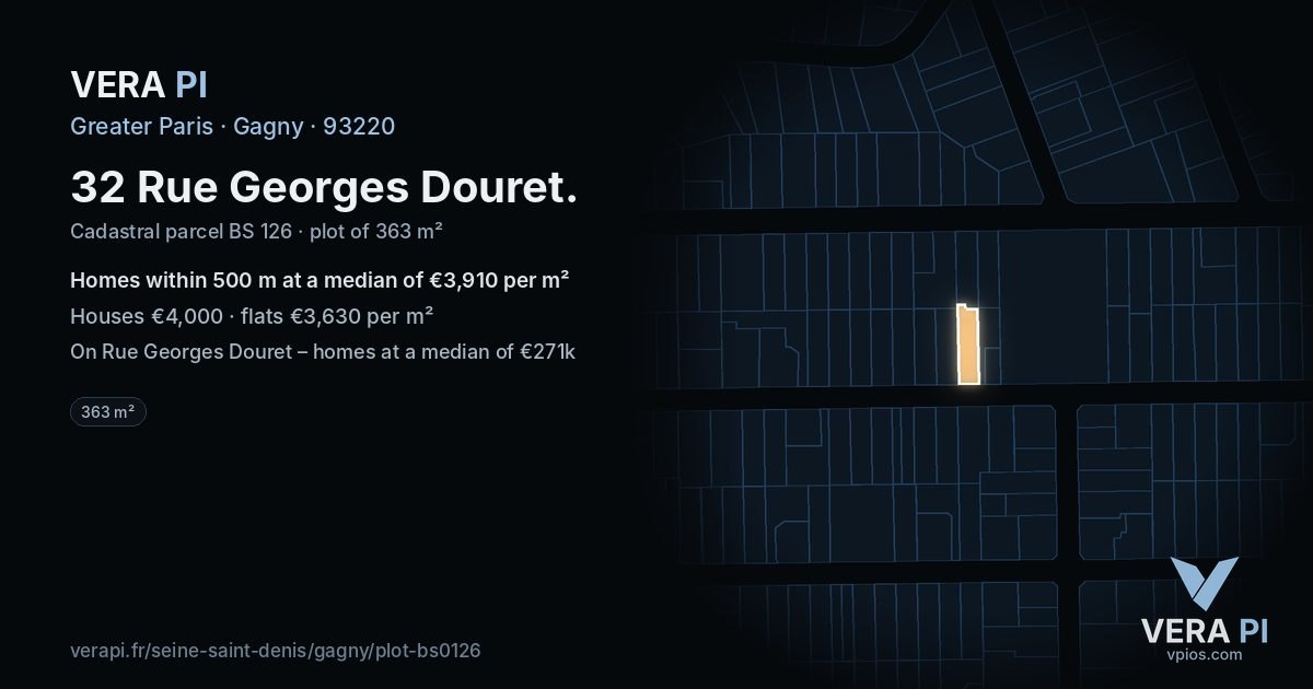 32 Rue Georges Douret, Gagny at night – the plot lit, the parcels around coloured by the prices near them