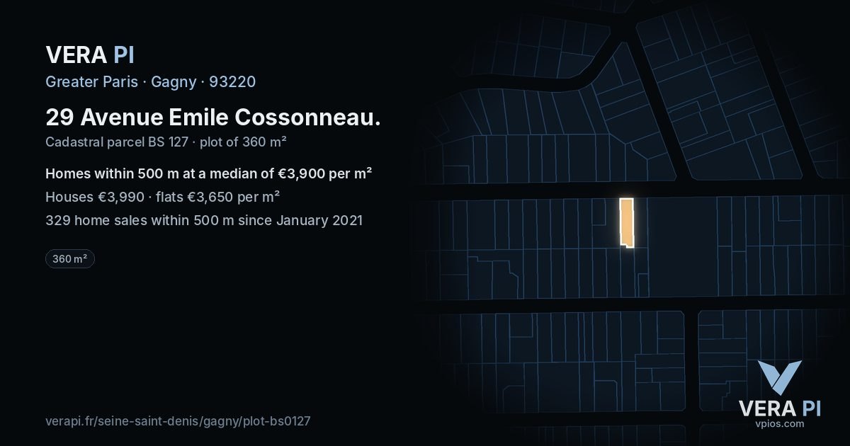 29 Avenue Emile Cossonneau, Gagny at night – the plot lit, the parcels around coloured by the prices near them
