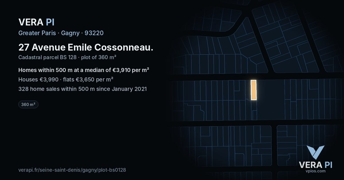 27 Avenue Emile Cossonneau, Gagny at night – the plot lit, the parcels around coloured by the prices near them