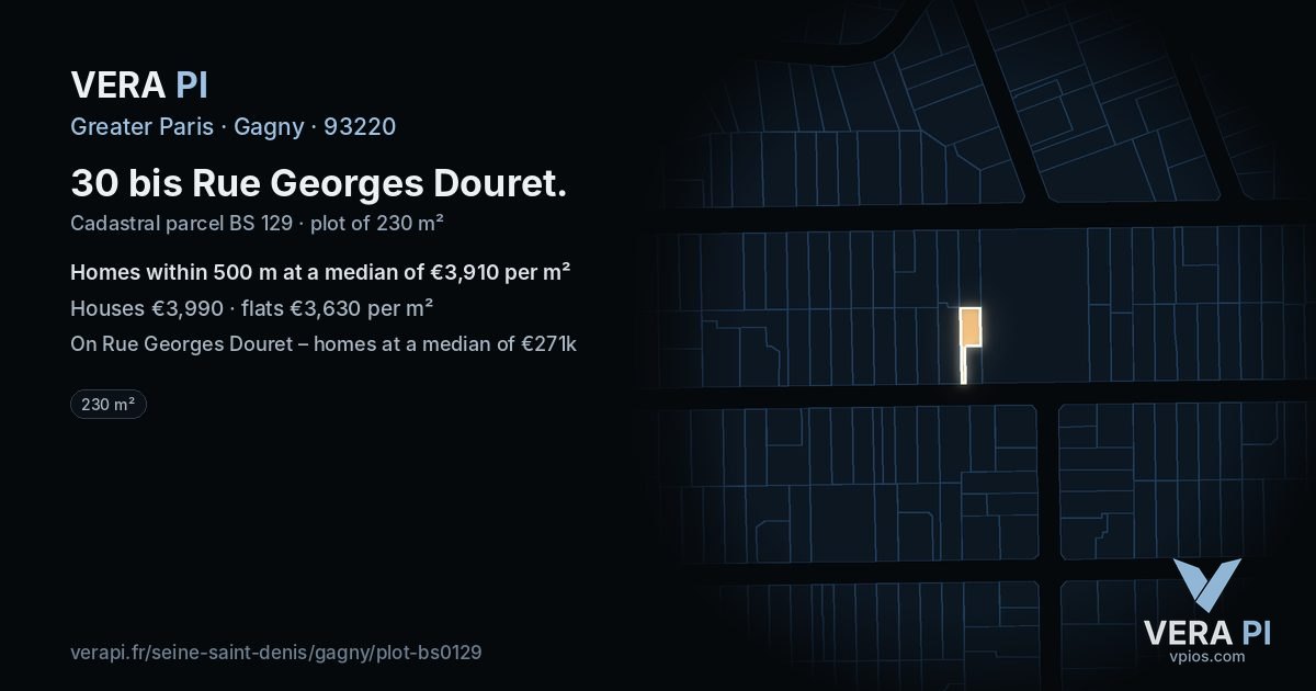 30 bis Rue Georges Douret, Gagny at night – the plot lit, the parcels around coloured by the prices near them