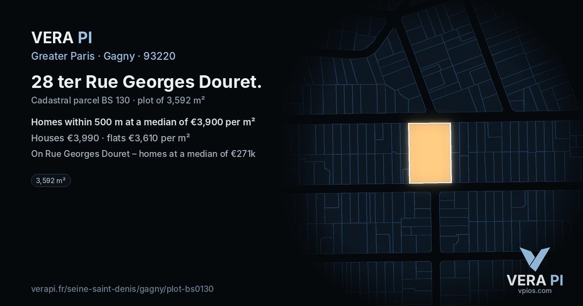 28 ter Rue Georges Douret, Gagny at night – the plot lit, the parcels around coloured by the prices near them