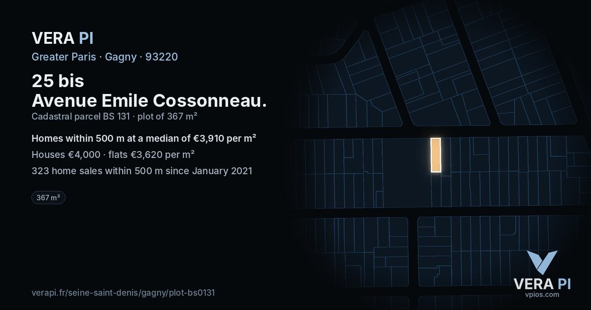 25 bis Avenue Emile Cossonneau, Gagny at night – the plot lit, the parcels around coloured by the prices near them