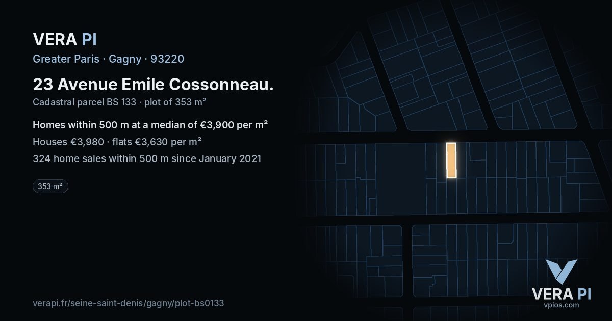 23 Avenue Emile Cossonneau, Gagny at night – the plot lit, the parcels around coloured by the prices near them