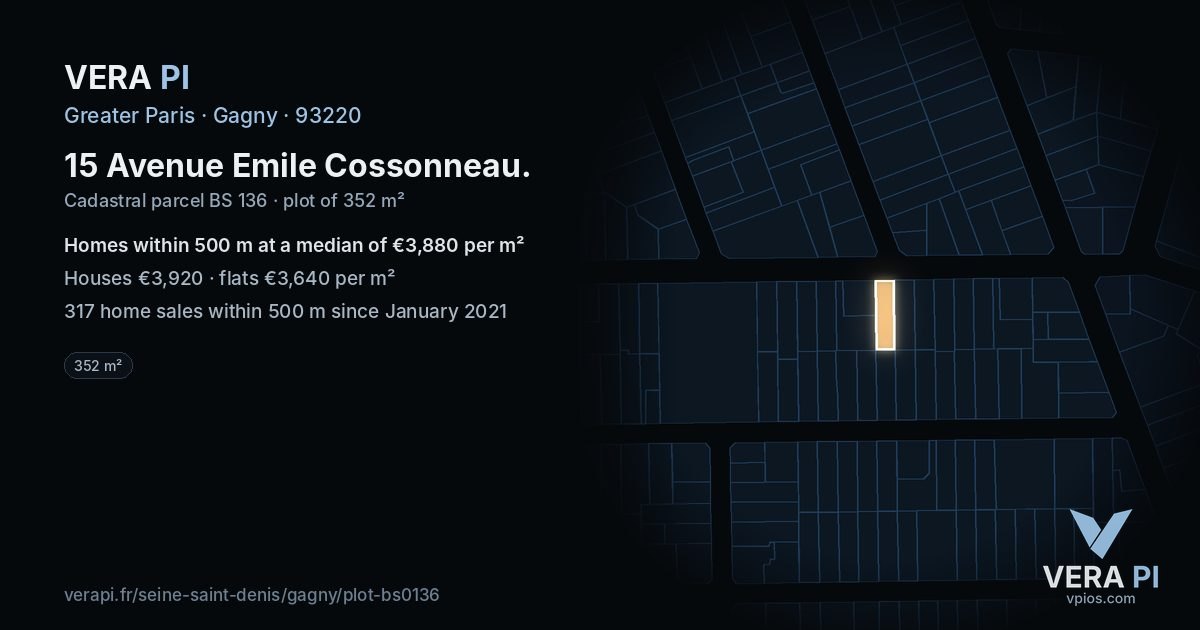 15 Avenue Emile Cossonneau, Gagny at night – the plot lit, the parcels around coloured by the prices near them