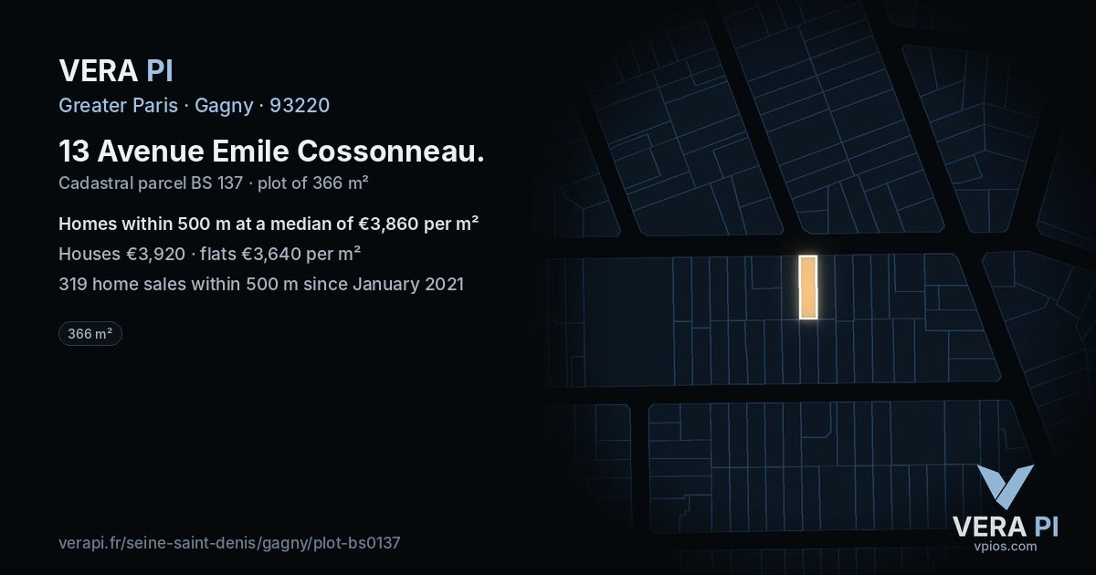 13 Avenue Emile Cossonneau, Gagny at night – the plot lit, the parcels around coloured by the prices near them