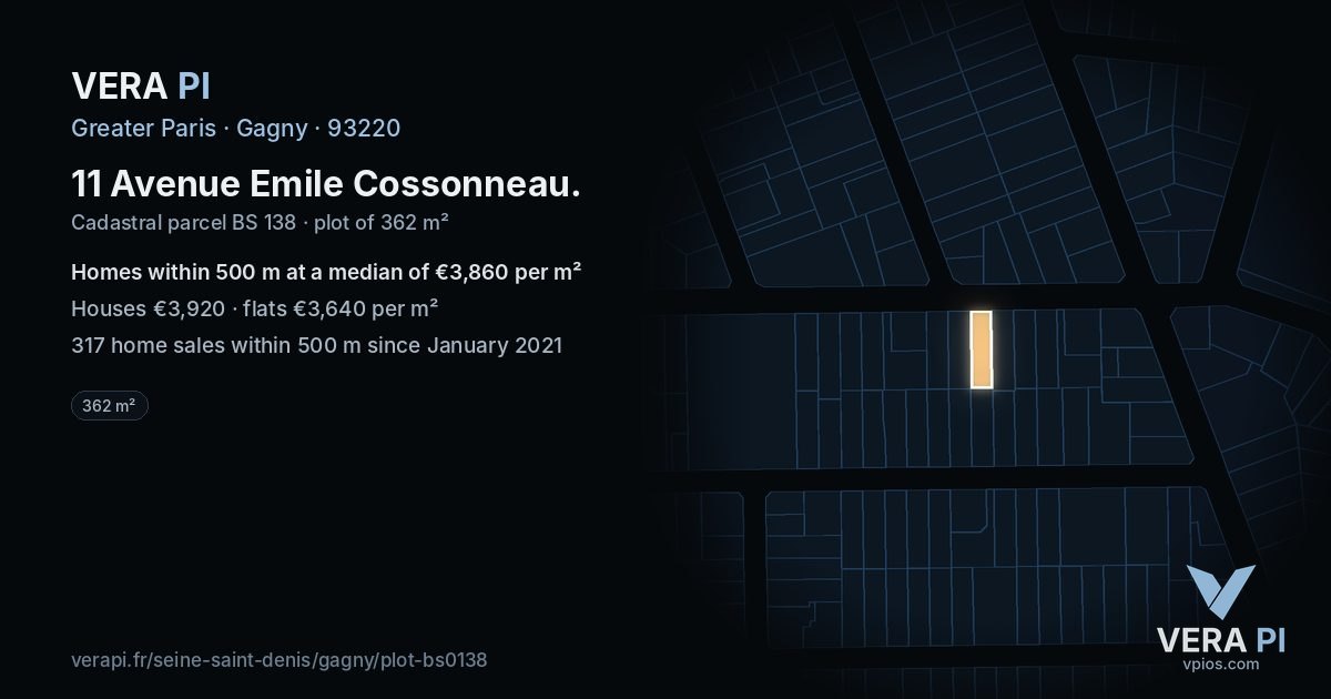 11 Avenue Emile Cossonneau, Gagny at night – the plot lit, the parcels around coloured by the prices near them