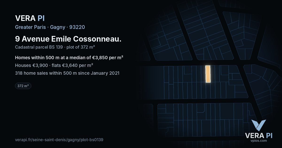 9 Avenue Emile Cossonneau, Gagny at night – the plot lit, the parcels around coloured by the prices near them