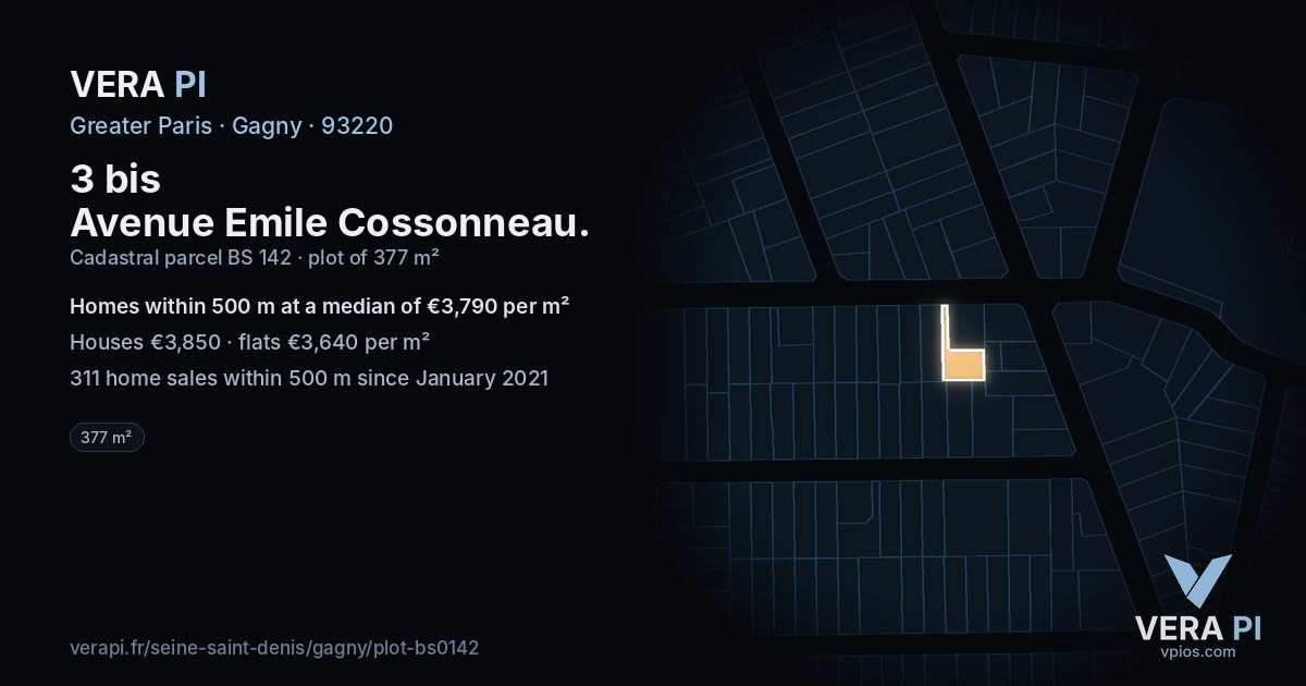 3 bis Avenue Emile Cossonneau, Gagny at night – the plot lit, the parcels around coloured by the prices near them