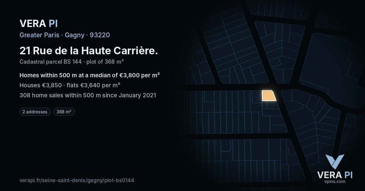 21 Rue de la Haute Carrière, Gagny at night – the plot lit, the parcels around coloured by the prices near them