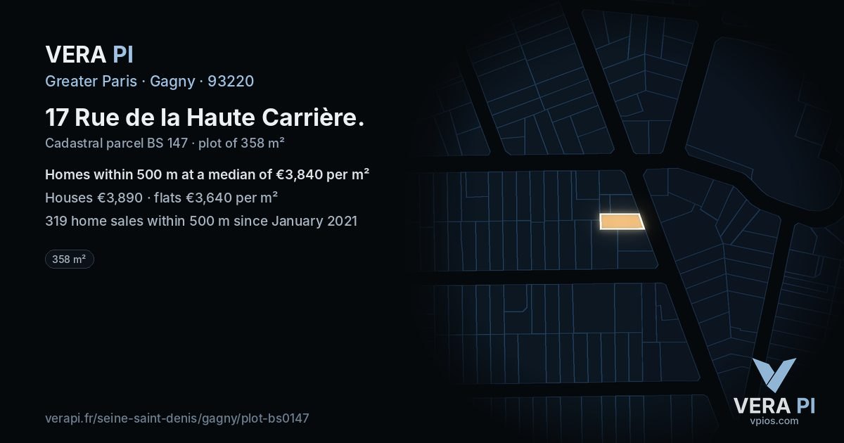 17 Rue de la Haute Carrière, Gagny at night – the plot lit, the parcels around coloured by the prices near them