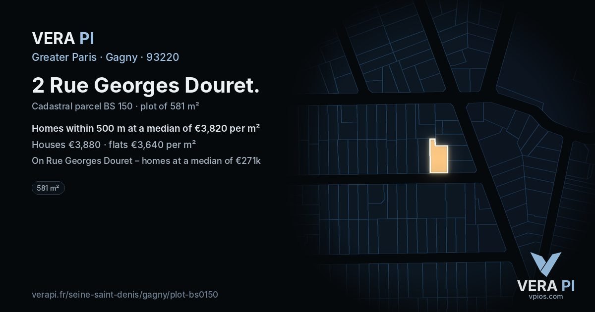 2 Rue Georges Douret, Gagny at night – the plot lit, the parcels around coloured by the prices near them