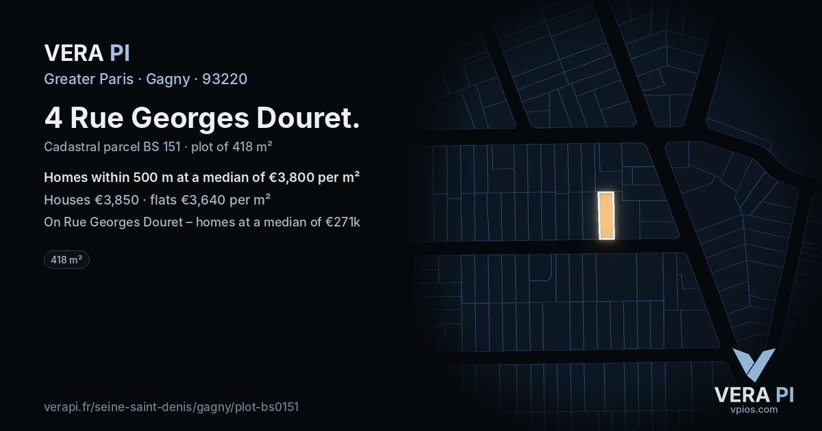 4 Rue Georges Douret, Gagny at night – the plot lit, the parcels around coloured by the prices near them