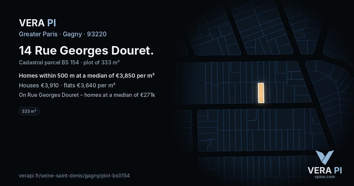 14 Rue Georges Douret, Gagny at night – the plot lit, the parcels around coloured by the prices near them