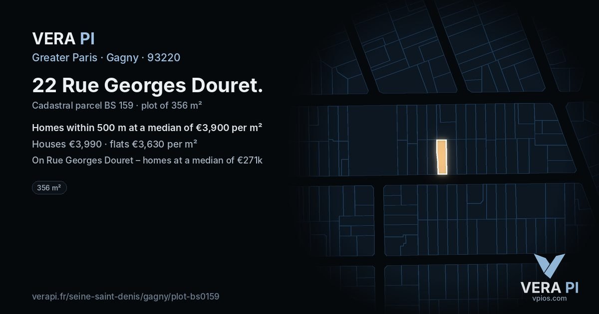 22 Rue Georges Douret, Gagny at night – the plot lit, the parcels around coloured by the prices near them