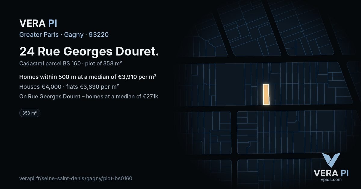 24 Rue Georges Douret, Gagny at night – the plot lit, the parcels around coloured by the prices near them