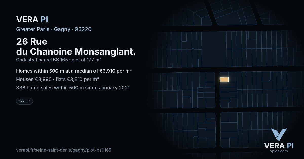 26 Rue du Chanoine Monsanglant, Gagny at night – the plot lit, the parcels around coloured by the prices near them