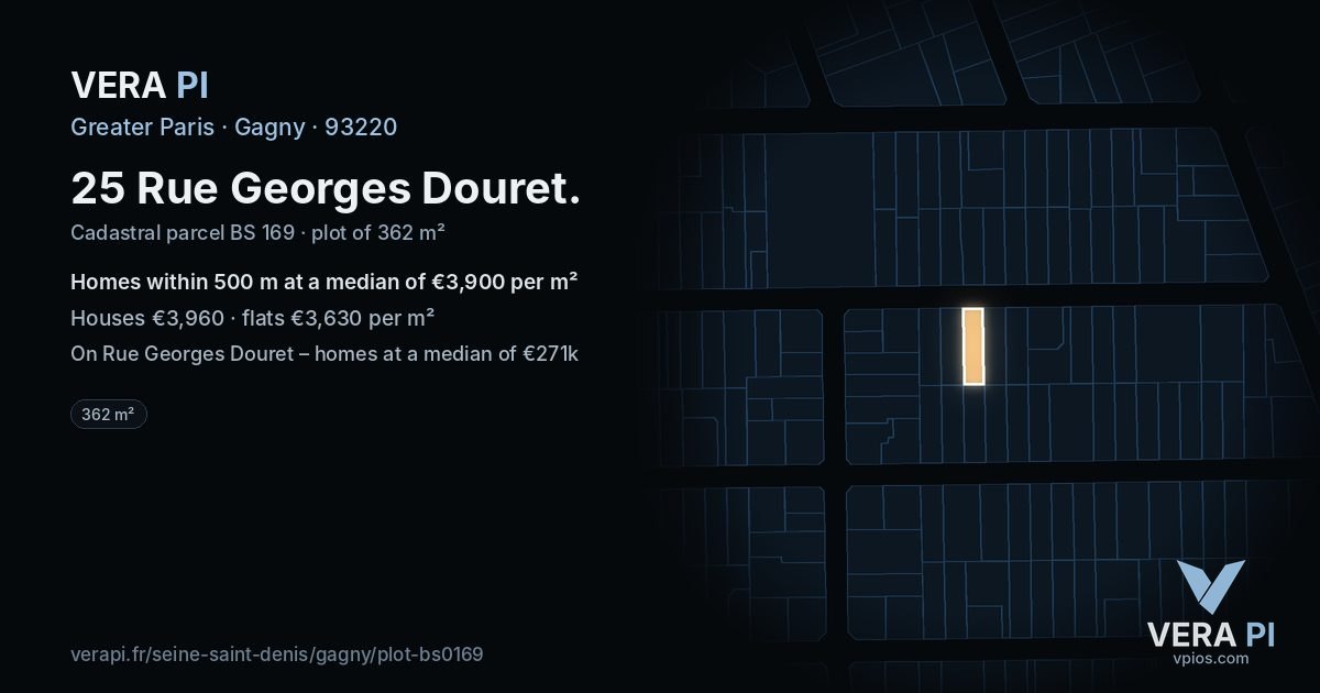 25 Rue Georges Douret, Gagny at night – the plot lit, the parcels around coloured by the prices near them
