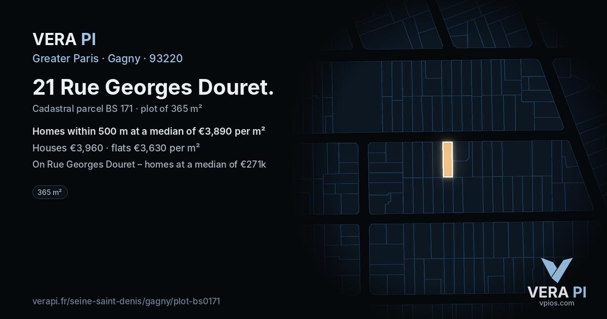 21 Rue Georges Douret, Gagny at night – the plot lit, the parcels around coloured by the prices near them