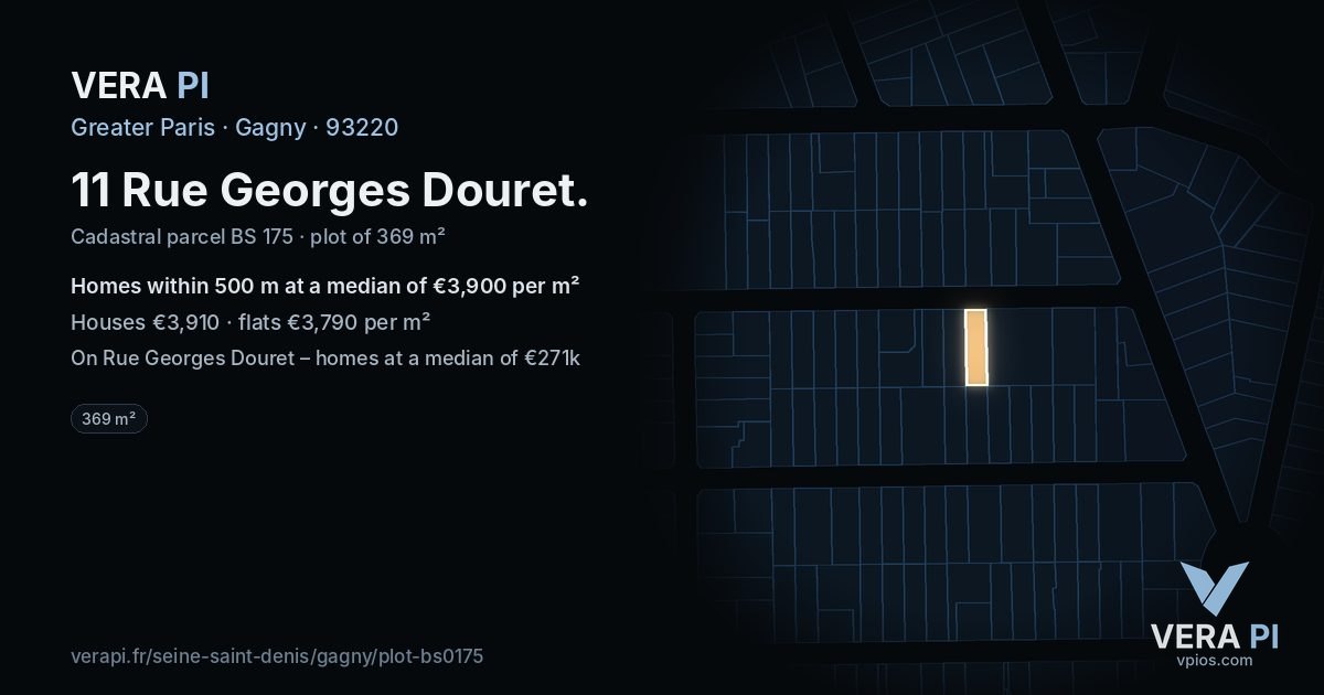 11 Rue Georges Douret, Gagny at night – the plot lit, the parcels around coloured by the prices near them