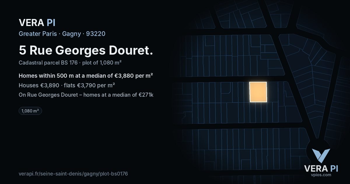 5 Rue Georges Douret, Gagny at night – the plot lit, the parcels around coloured by the prices near them