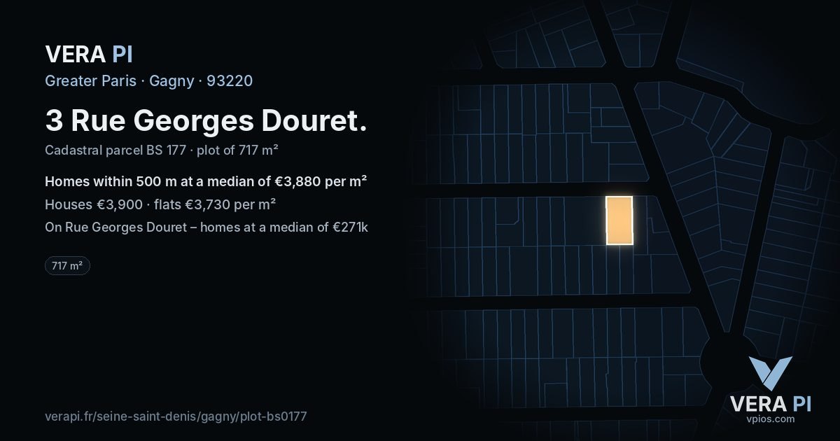 3 Rue Georges Douret, Gagny at night – the plot lit, the parcels around coloured by the prices near them