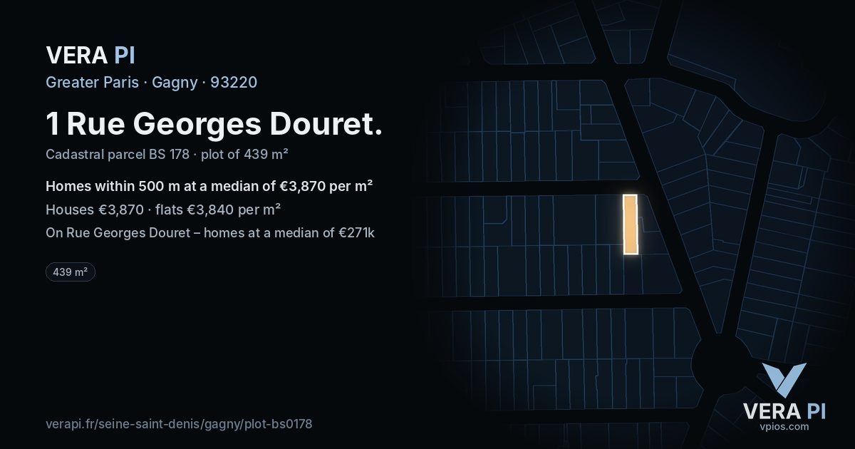 1 Rue Georges Douret, Gagny at night – the plot lit, the parcels around coloured by the prices near them