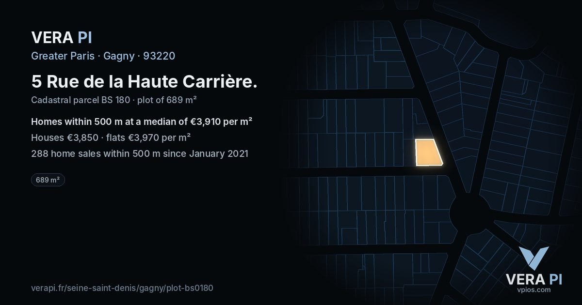 5 Rue de la Haute Carrière, Gagny at night – the plot lit, the parcels around coloured by the prices near them