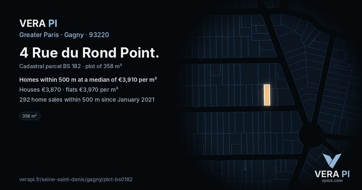 4 Rue du Rond Point, Gagny at night – the plot lit, the parcels around coloured by the prices near them