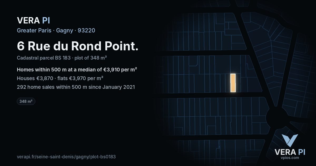 6 Rue du Rond Point, Gagny at night – the plot lit, the parcels around coloured by the prices near them