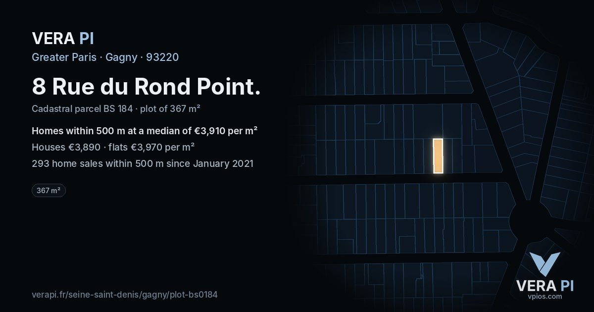 8 Rue du Rond Point, Gagny at night – the plot lit, the parcels around coloured by the prices near them