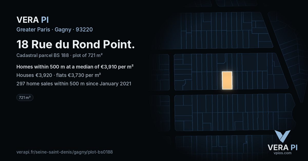 18 Rue du Rond Point, Gagny at night – the plot lit, the parcels around coloured by the prices near them