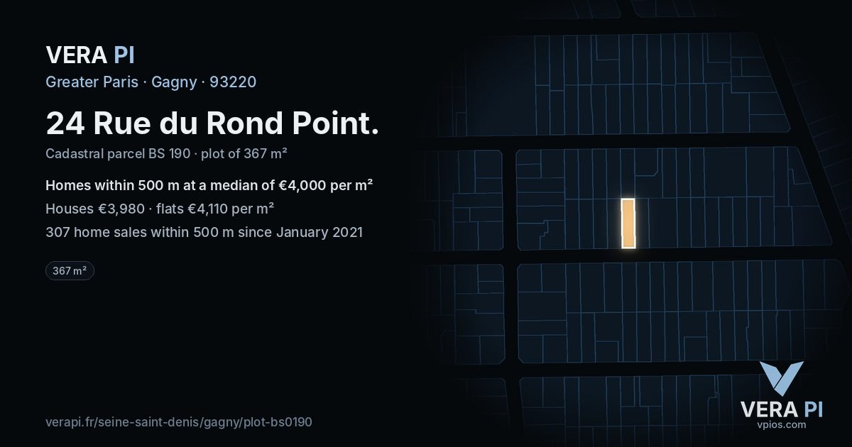 24 Rue du Rond Point, Gagny at night – the plot lit, the parcels around coloured by the prices near them