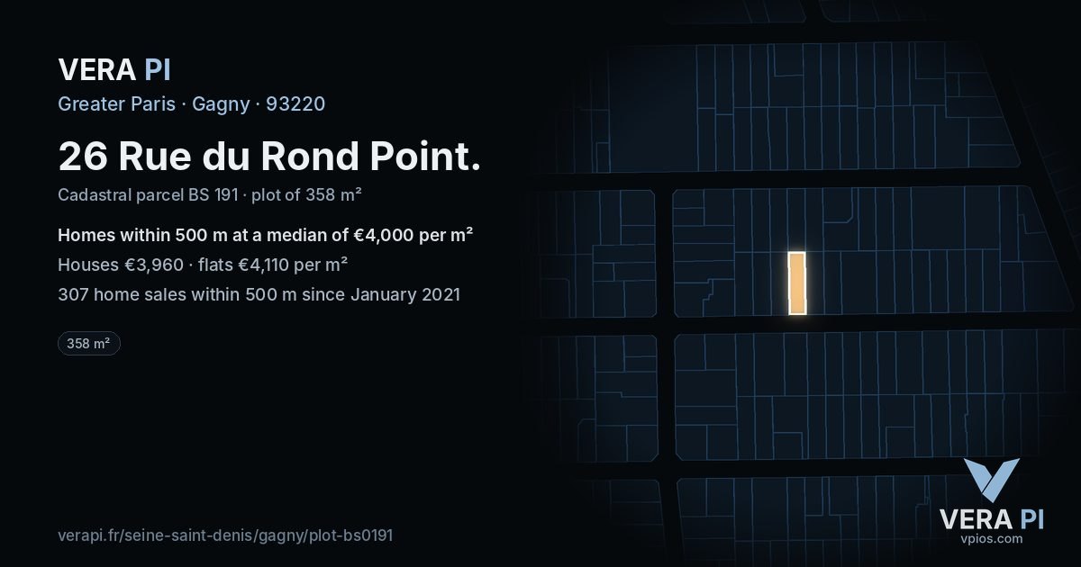 26 Rue du Rond Point, Gagny at night – the plot lit, the parcels around coloured by the prices near them