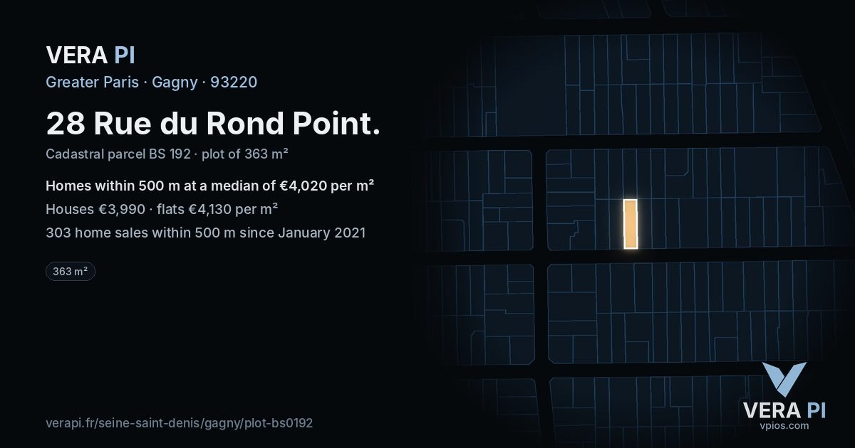 28 Rue du Rond Point, Gagny at night – the plot lit, the parcels around coloured by the prices near them