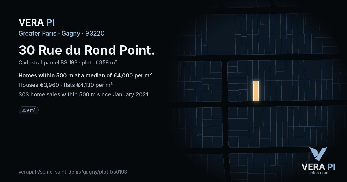 30 Rue du Rond Point, Gagny at night – the plot lit, the parcels around coloured by the prices near them