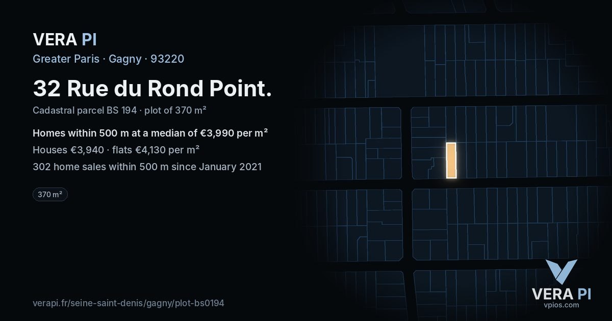 32 Rue du Rond Point, Gagny at night – the plot lit, the parcels around coloured by the prices near them