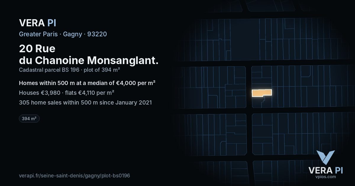 20 Rue du Chanoine Monsanglant, Gagny at night – the plot lit, the parcels around coloured by the prices near them