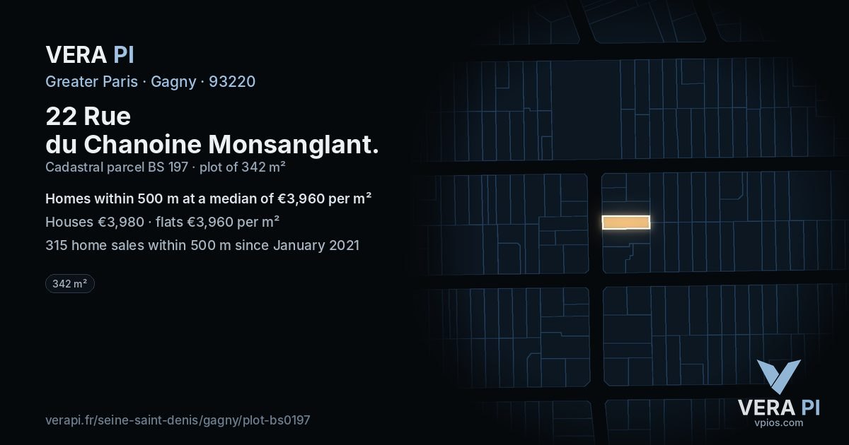 22 Rue du Chanoine Monsanglant, Gagny at night – the plot lit, the parcels around coloured by the prices near them